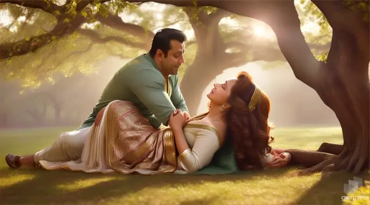 4k realism High definition/ Soft, melodic music begins to play in the background as the youngest actor salman khan and actress Madhuri Dixit finds a quiet spot beneath a sprawling oak tree. They sit down, leaning against its sturdy trunk, and gaze into each other's eyes  / background mist and flying butterflies