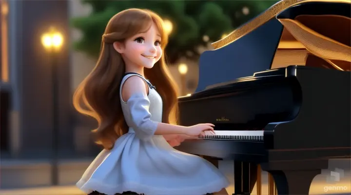 A young beautiful girl with long hair, full body,the girl smiles and plays the piano 