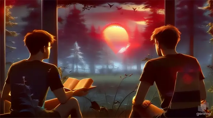 Two young men holding a book in their hands, watching the sun set outside the window, it is dark all around and there is a dense forest all around, a scary evening, 3d animated