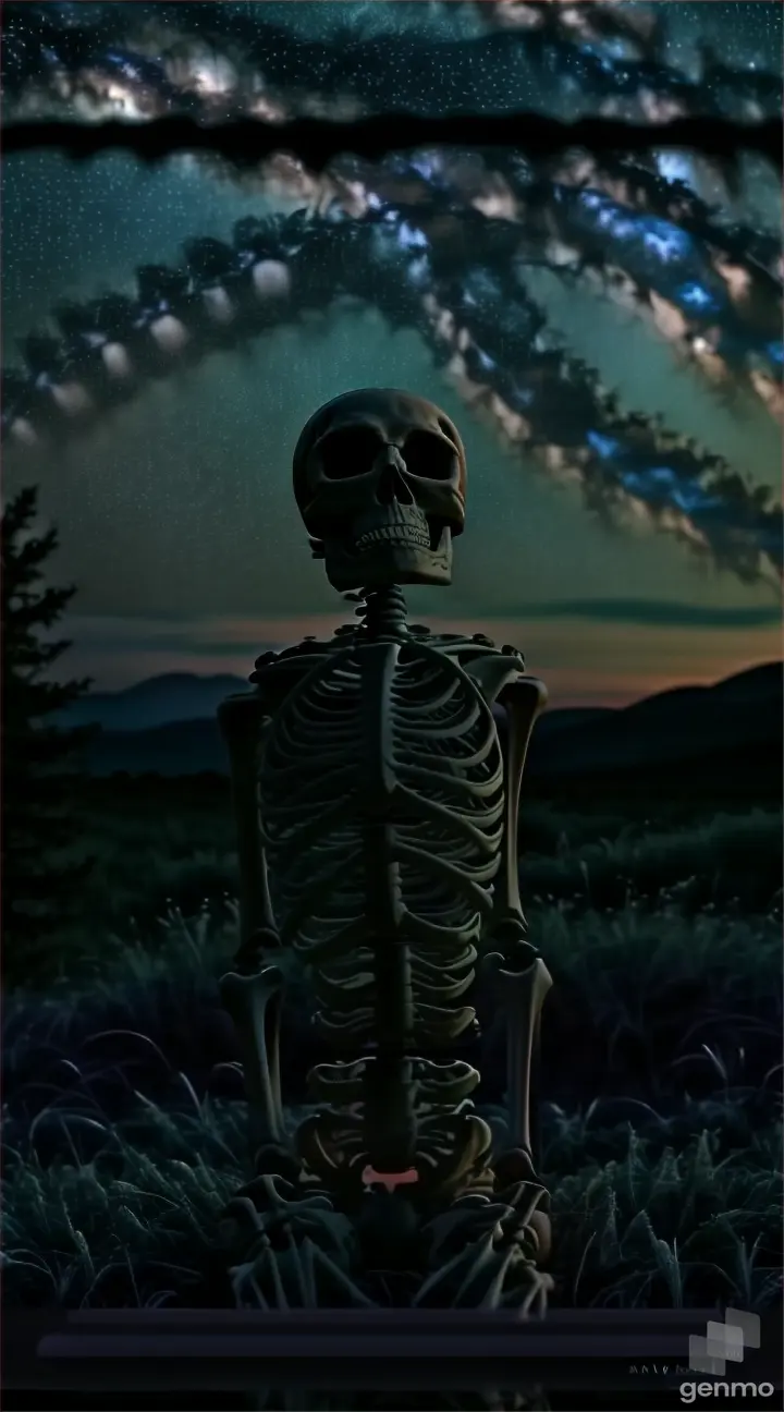 a skeleton sitting in the grass under a night sky