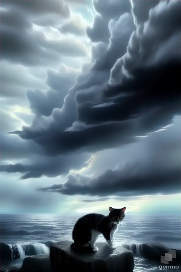 a cat sitting on a rock in front of a storm