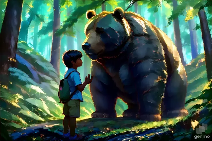 a boy standing next to a giant bear in a forest