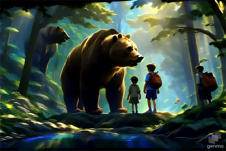 a couple of kids standing next to a bear in a forest