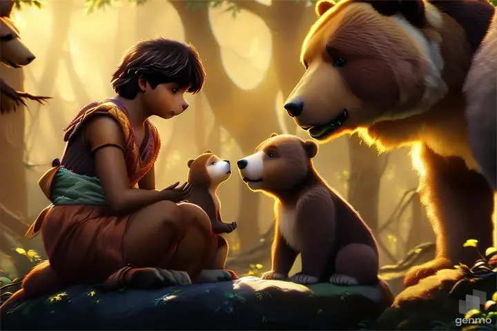 a young boy sitting on a rock next to a bear