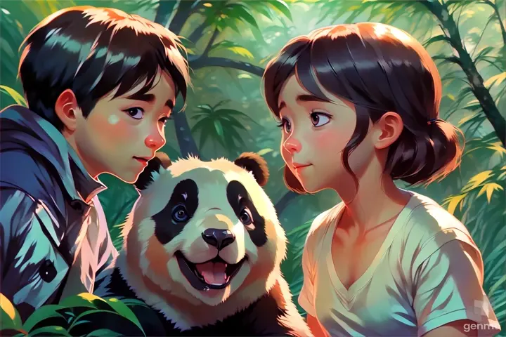 a boy and a girl are looking at a panda