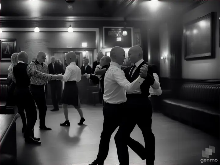 skinheads dancing in a London pub, monochrome, 