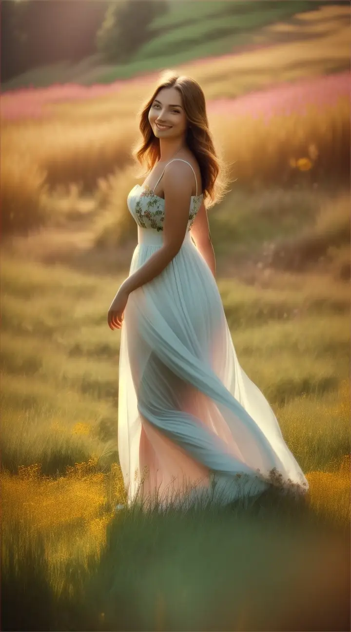 Una mujer bonita paseando por un prado 