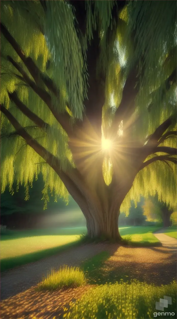 Sunlight filtering through the branches of a weeping willow tree, casting intricate patterns of light and shadow on the ground.
