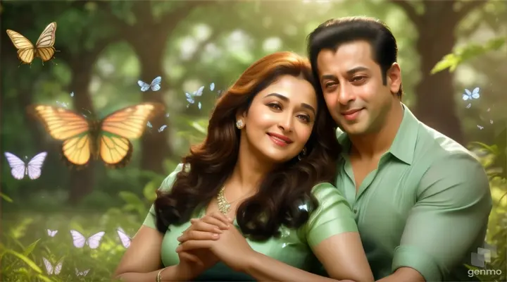 4k realism High definition/ Soft, melodic music begins to play in the background as the young  skinny actor salman khan and actress Madhuri Dixit finds a quiet spot beneath a sprawling oak tree. They sit down, leaning against its sturdy trunk, and gaze into each other's eyes  / background mist and flying butterflies