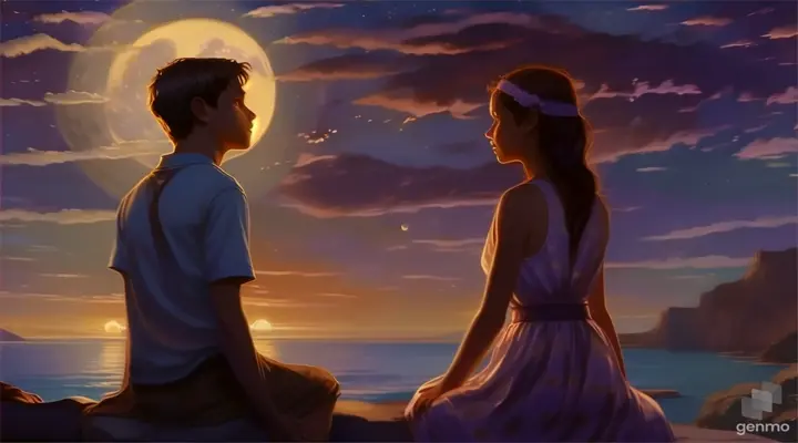 a boy and a girl sitting on a rock looking at the moon