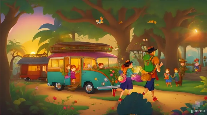 And so, as the sun dipped below the horizon, casting a warm glow over the Enchanted Jungle, the Jungle Detectives, with the treasure in hand and hearts full of joy, returned to their cozy home. The lessons learned and the bonds formed during their adventure would forever be etched in their memories, reminding them that the true treasures in life are often found in the company of good friends and the magic of exploration. cartoon illustration.