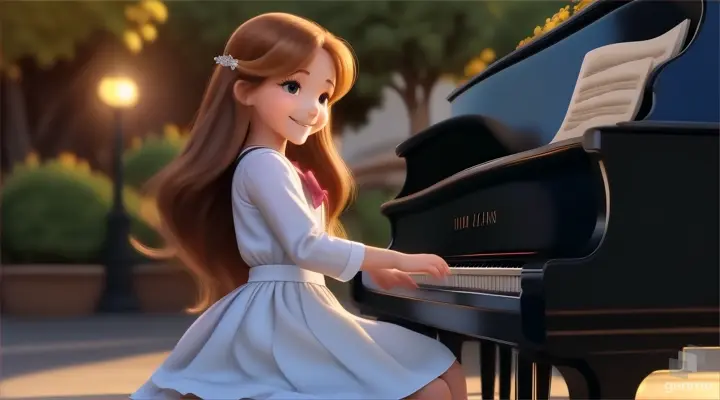 A young beautiful girl with long hair, full body,the girl smiles and plays the piano 