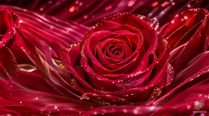 red roses in wavy red liquid, red glitter liquid