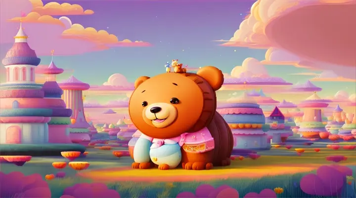 A cute cartoon bear and a giant cartoon clock in a field of Gumdrop Mountains, with candy-colored skies