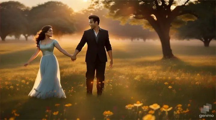 4k realism High definition Video opens with a serene shot of a sun silhouette, where wildflowers sway gently in the breeze. The scene transitions to a young actor salman khan and actress Madhuri Dixit dancing under tree hand in hand through the meadow, their smiles radiating warmth and affection / background mist and flying butterflies