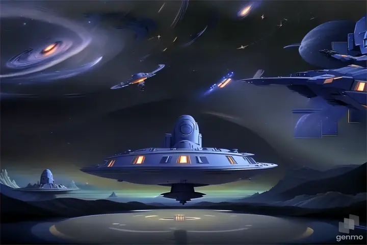 The spacecraft cruising through the silent expanse of space, surrounded by stars and distant galaxies.