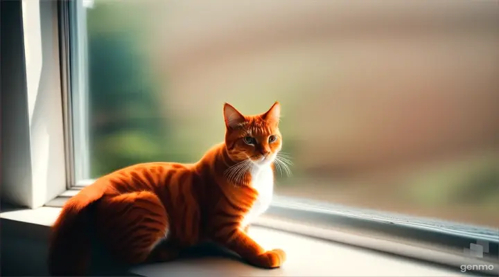 an orange cat sits on the windowsill and looks out the window at the blooming park