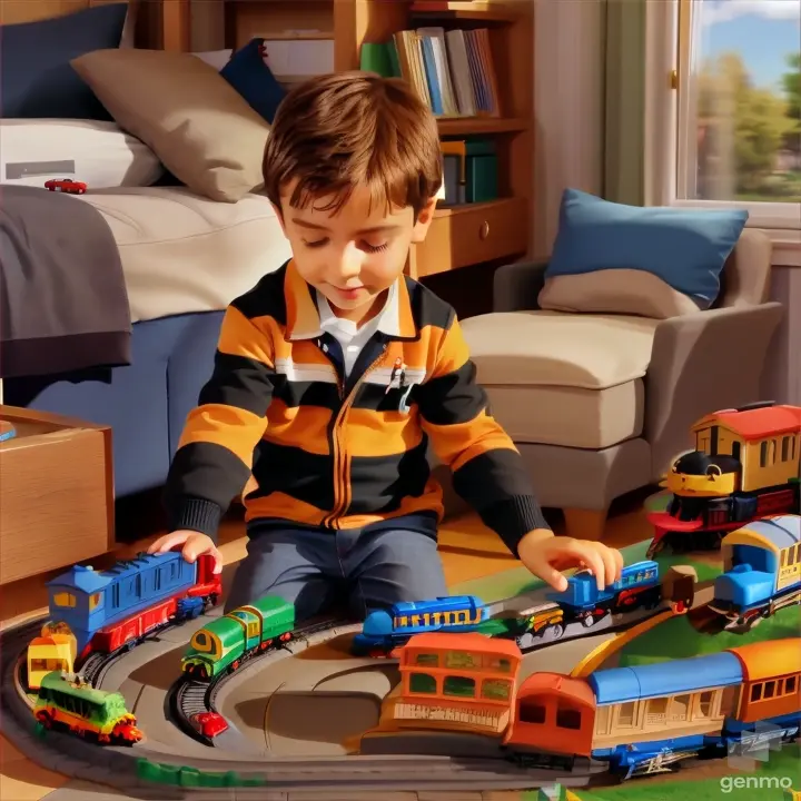 a young boy playing with a toy train set