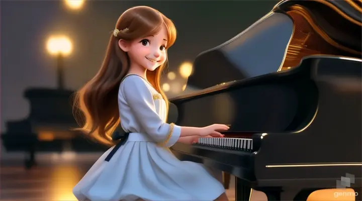 A young beautiful girl with long hair, full body,the girl smiles and plays the piano 