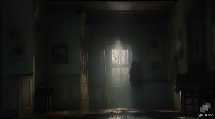 a dark hallway with a light coming through the window