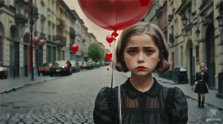 a woman close her eyes holding a red balloon in the middle of a street