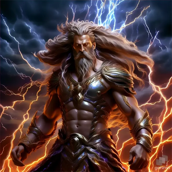 a man with long hair and a beard standing in front of lightning