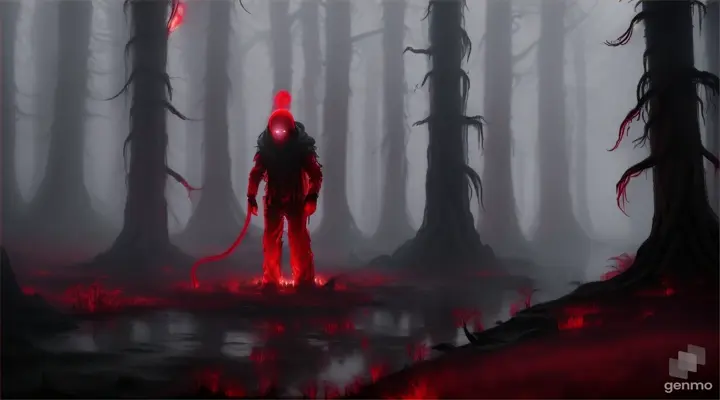 a scary red slimey alien in the smokey forest