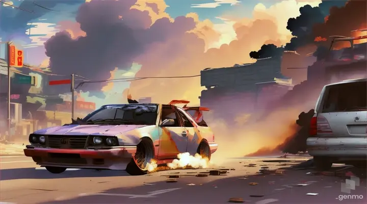 Un coche destrozado. Anime