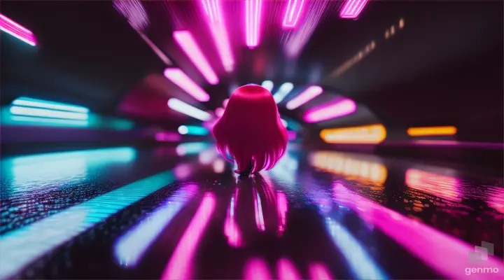 Pink-haired woman seen in the reflection of a shiny, wet pavement, in a sleek, futuristic cityscape