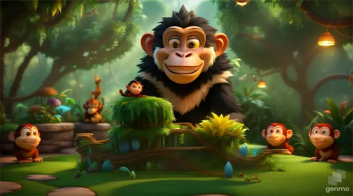 Once upon a time, in a jungle, there lived a mischievous monkey  was very naughty and playful. His jungle friends were tired of his antics, but he never changed.3d animation style