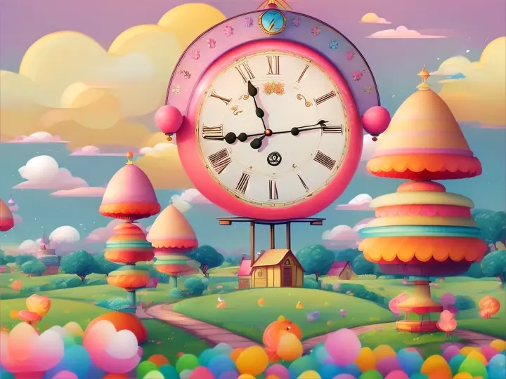 A cute cartoon bird and a giant cartoon clock in a field of Gumdrop Mountains, with candy-colored skies