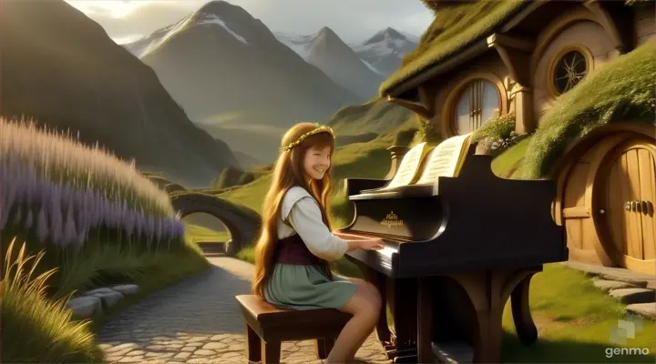 A young beautiful long-haired girl smiling and playing the piano outside the hobbit's house in the story of The Lord of the Rings