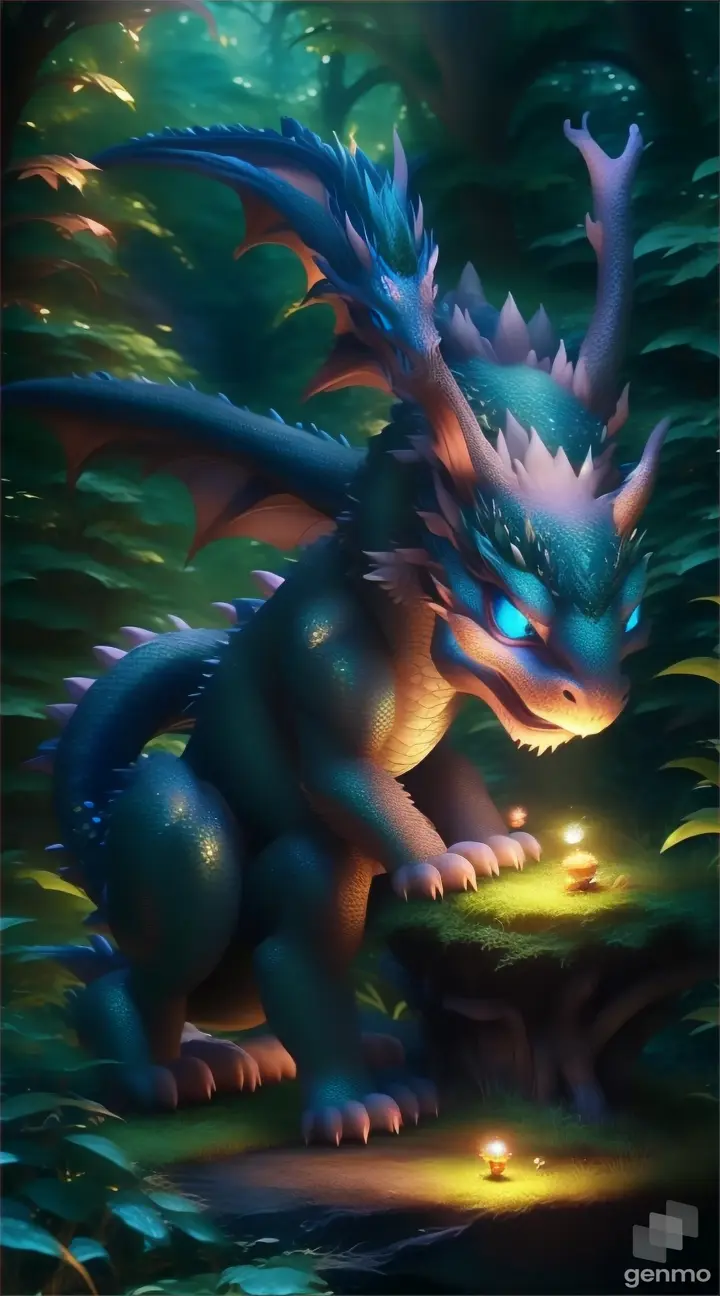 a blue dragon with glowing large blue eyes sitting on top of a lush green forest
