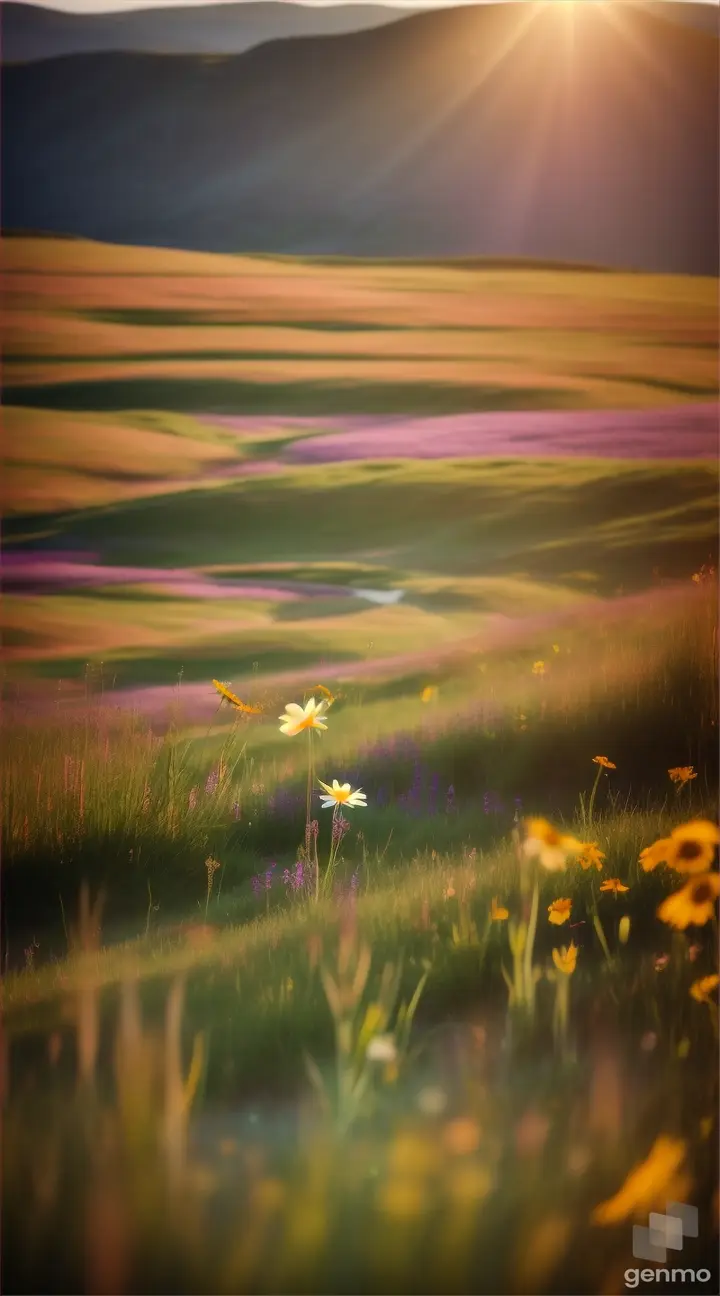 A tranquil meadow dotted with wildflowers of various hues, swaying gently in the breeze.
