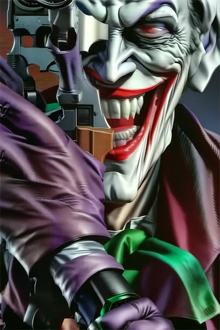 the joker is holding a gun and taking a picture