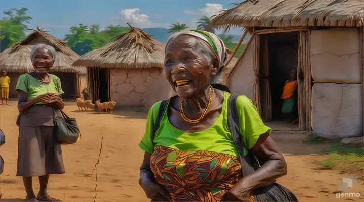 a woman standing in front of a hut