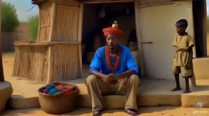 a painting of a man sitting in front of a hut