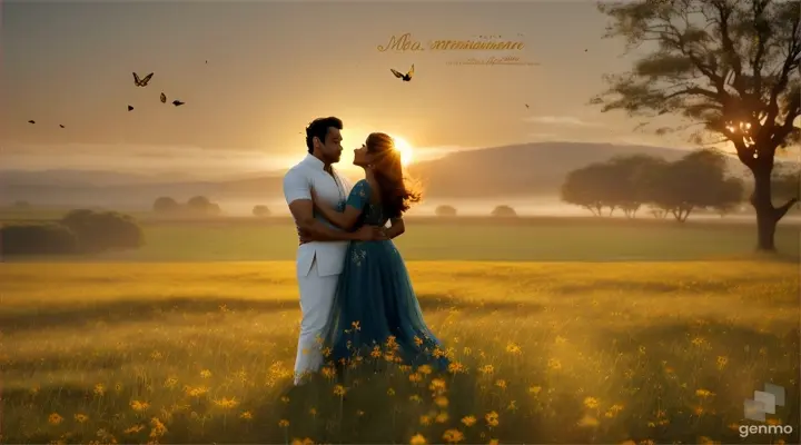 4k realism High definition Video opens with a serene shot of a sun silhouette, where wildflowers sway gently in the breeze. The scene transitions to a young actor salman khan and actress Madhuri Dixit dancing under tree hand in hand through the meadow, their smiles radiating warmth and affection / background mist and flying butterflies