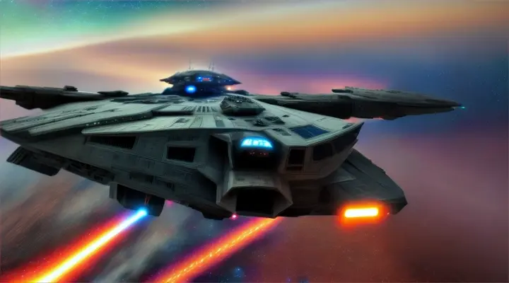 Star Wars Battle Cruiser jumping to light speed through cloud galaxy