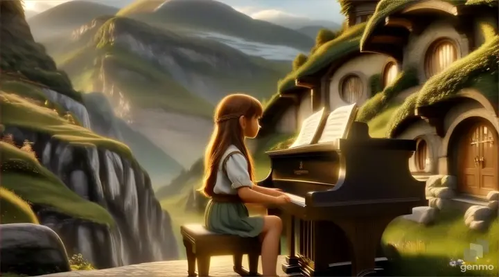 Young girl playing the piano with the Misty Mountains in the background, an illuminated hobbit hole visible nearby