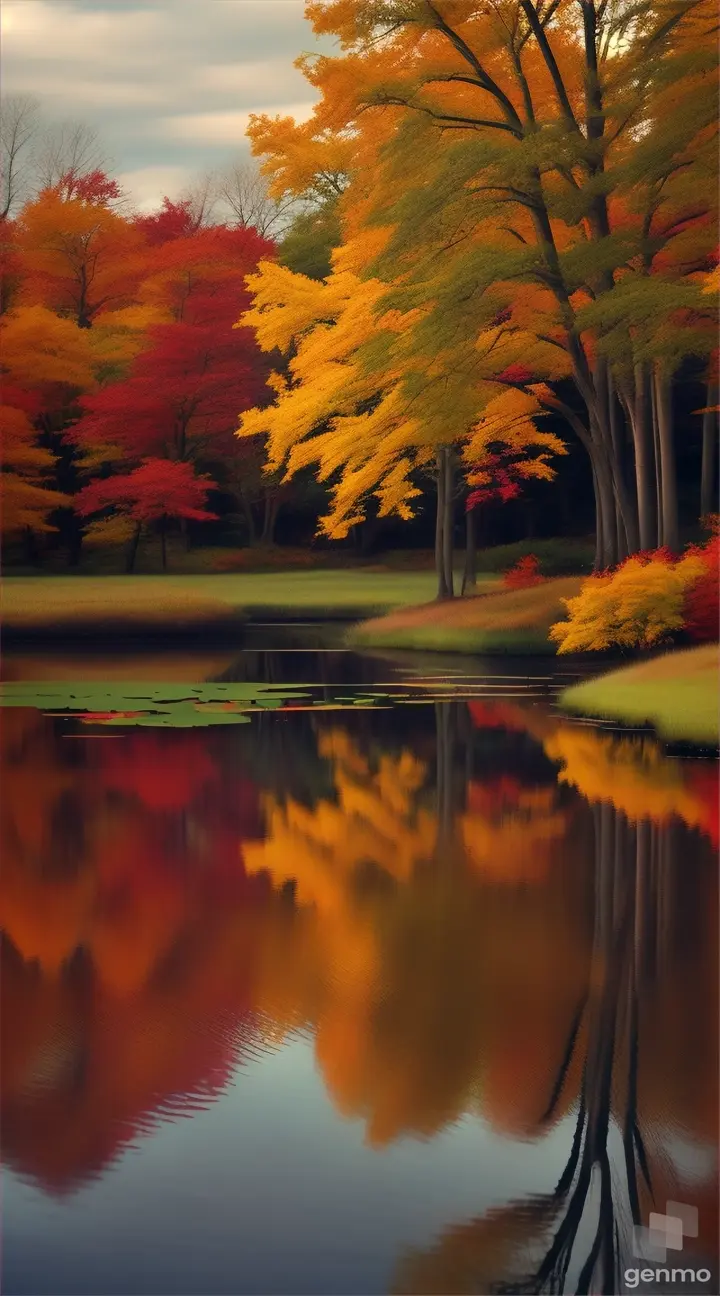 A tranquil pond reflecting the vibrant colors of autumn foliage that surrounds it.
