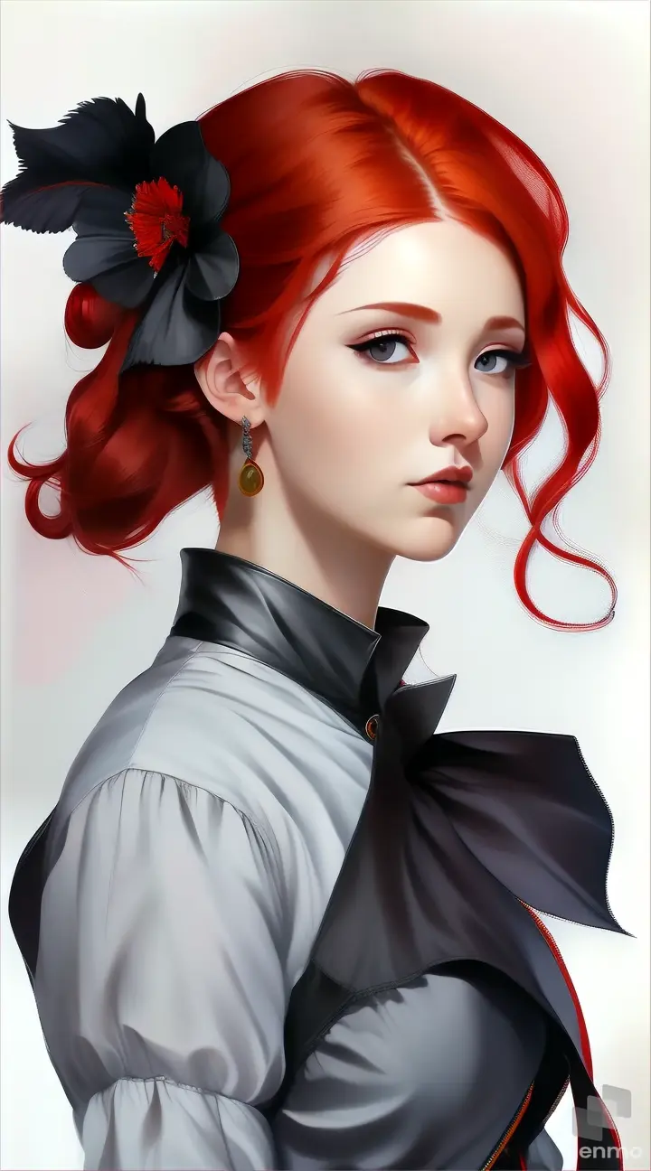 a woman with red hair blowing the wind