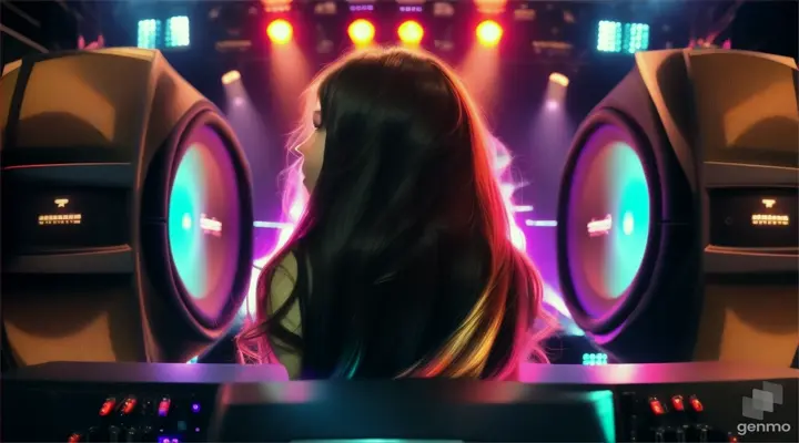 Girl stand placing head infront of subwoofers