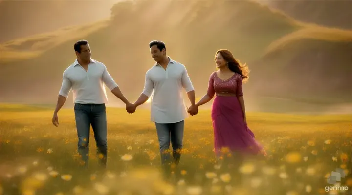 4k realism High definition Video opens with a serene shot of a sun-kissed meadow, where wildflowers sway gently in the breeze. The scene transitions to a young actor salman khan and actress Madhuri Dixit walking hand in hand through the meadow, their smiles radiating warmth and affection / background mist and flying butterflies