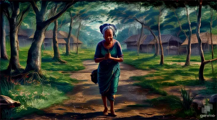 a painting of a woman walking through a forest