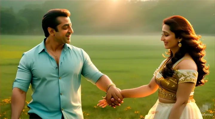 4k realism High definition Video opens with a serene shot of a sun-kissed meadow, where wildflowers sway gently in the breeze. The scene transitions to a young actor salman khan and actress Madhuri Dixit walking hand in hand through the meadow, their smiles radiating warmth and affection / background mist and flying butterflies