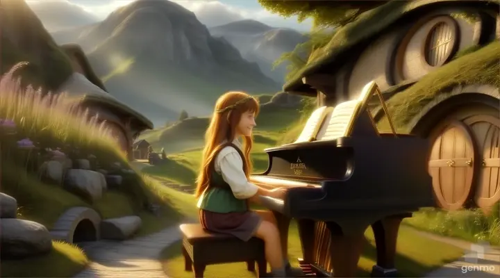 A young beautiful long-haired girl smiling and playing the piano outside the hobbit's house in the story of The Lord of the Rings