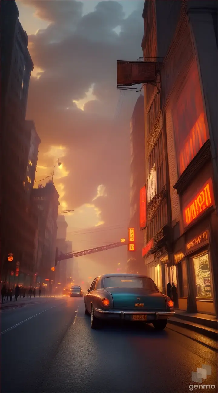 sunset, in mysterious city, faded, epic realistic, warm lights, dramatic light, rutkowski