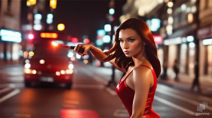 In the subdued light of the city streets, a graceful and attractive female model steps gracefully. She is dressed in an elegant red bodycon dress and radiates unbridled attractiveness. She disarms a bearded street hooligan with karate moves.