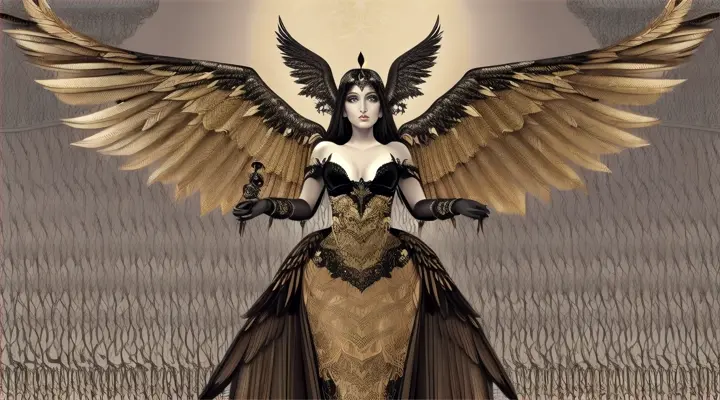 Vanth:
Envision Vanth, the winged Etruscan demoness, as a figure of beauty and menace. Her wings are vast and feathered, casting long shadows. She is clad in a flowing garment that moves as if alive, adorned with symbols of death and protection. In her hands, she carries objects of her divine office: a torch to light the way through darkness and a key to unlock the mysteries of the afterlife. Her hair flows freely, and her face is serene yet inscrutable, embodying the dual nature of death as an end and a beginning. Vanth is set against a backdrop of a starlit sky, standing at the entrance to the underworld, where the boundary between life and death is thinnest. The ground is strewn with autumn leaves, symbolizing the cycle of life and decay.